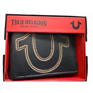 True Religion Men's Genuine Leather Black Bifold Wallet RFID Horseshoe Logo NEW